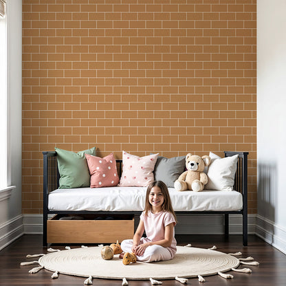 Nursery with a terracotta brick wall mural by Kids-Mundo behind a cot and shelving