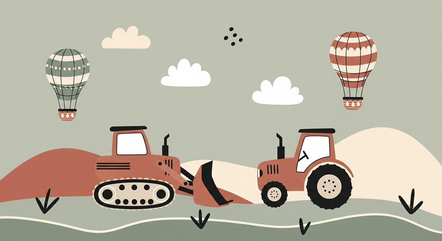Kids-Mundo flat artwork of a terracotta bulldozer, tractor and striped hot air balloons