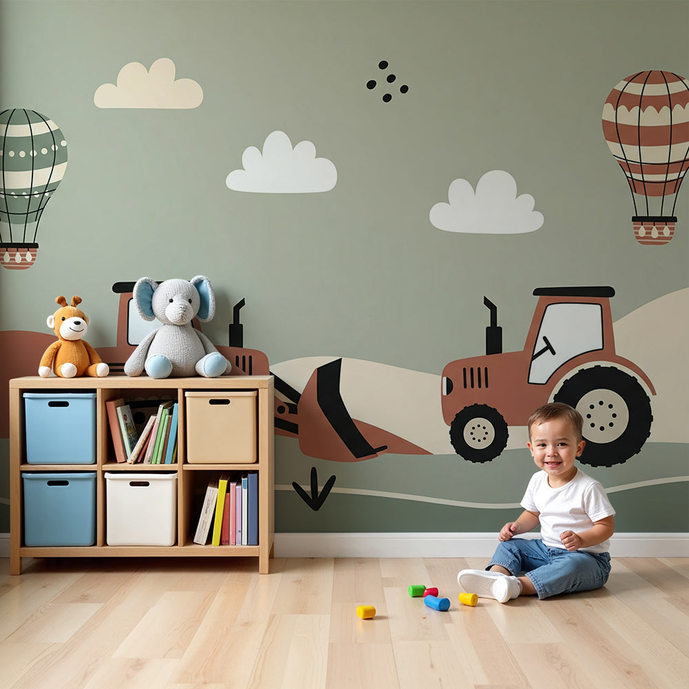Kids-Mundo terracotta bulldozer and tractor wall mural in a sage green baby nursery room