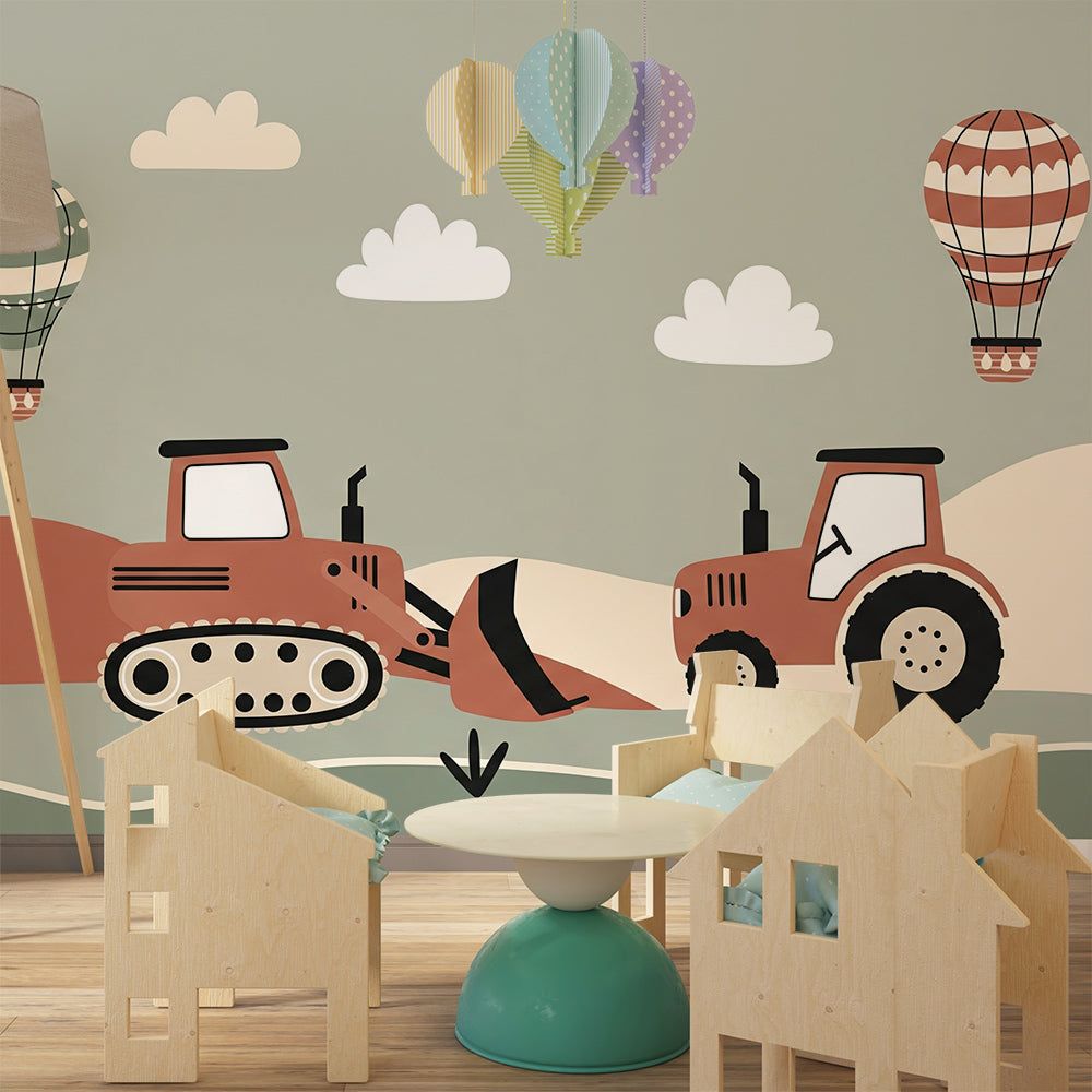 Kids-Mundo terracotta construction wall mural brightening a playroom with hot air balloons