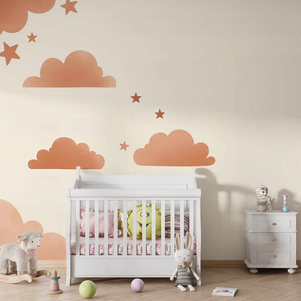 Kids-Mundo terracotta cloud wall mural bringing a dreamy mood to a playroom
