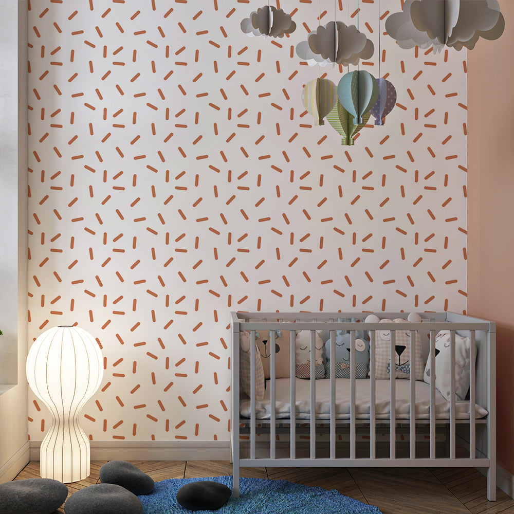 Kids-Mundo terracotta dash pattern mural as a playful feature wall in a kids' bedroom