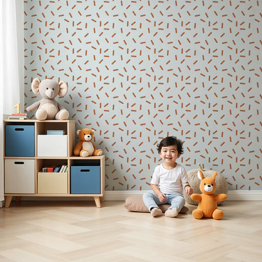Kids-Mundo terracotta confetti dash wall mural styled in a bright, airy nursery