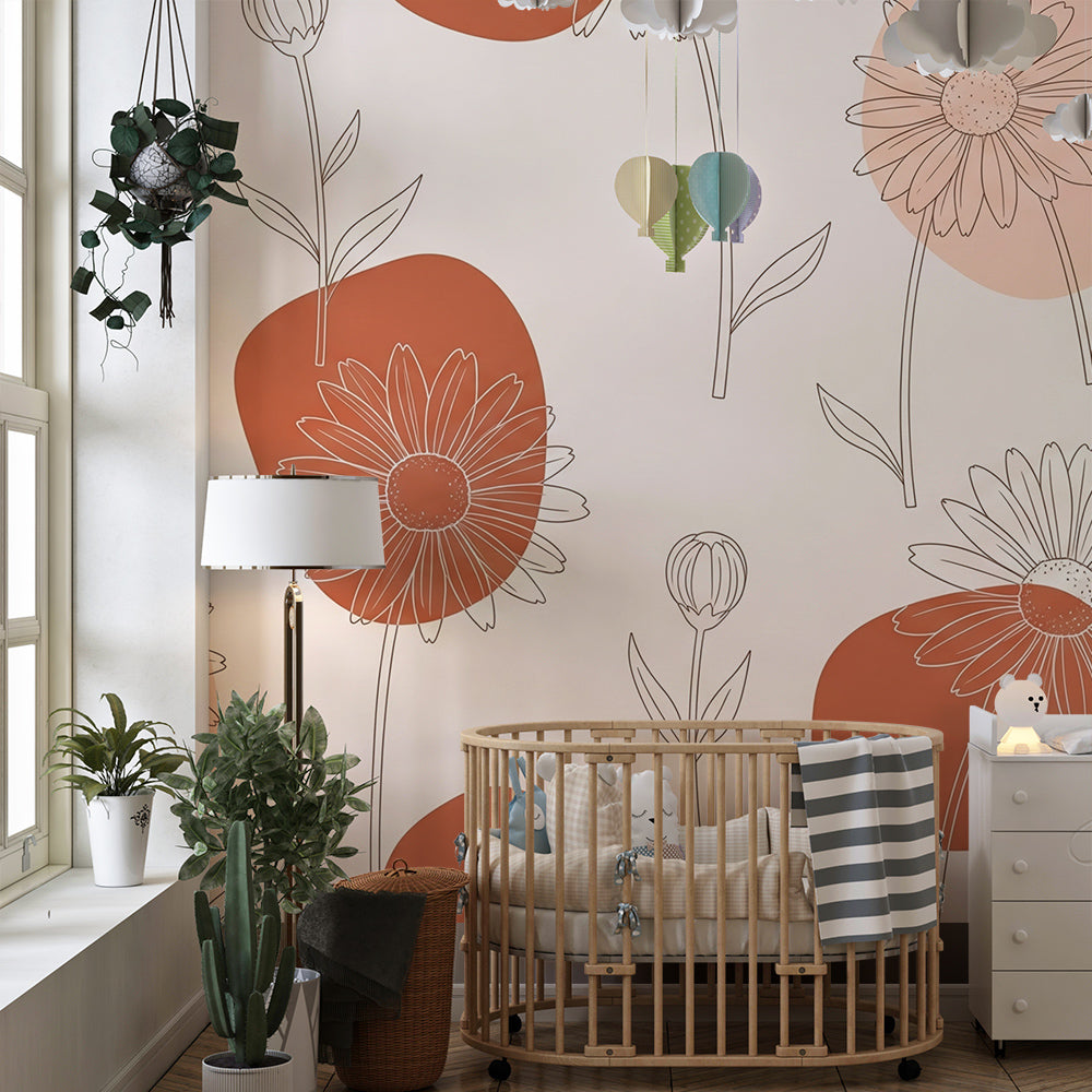 Kids-Mundo terracotta daisy line art mural decorating a cosy kids bedroom feature wall