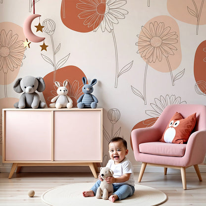Kids-Mundo terracotta daisy wall mural styled in a warm gender-neutral baby nursery