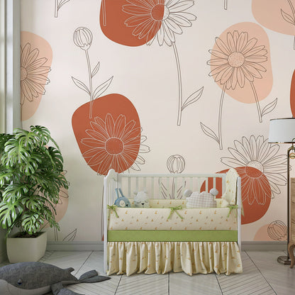 Kids-Mundo terracotta daisy mural brightening a playful children's playroom wall