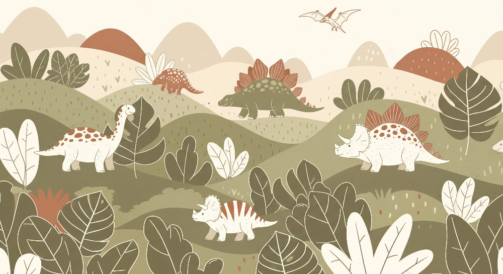 Terracotta Dinosaurs Roaming Green Hills Wall Mural