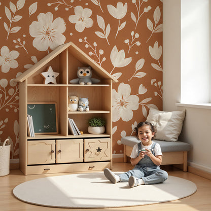 Kids-Mundo terracotta floral wall mural with hand-painted blooms in a warm, sunlit nursery