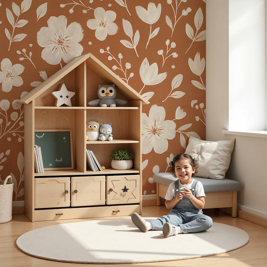 Kids-Mundo terracotta floral wall mural with hand-painted blooms in a warm, sunlit nursery