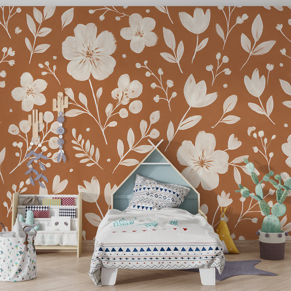 Kids-Mundo terracotta floral wall mural bringing warm botanical pattern to a playroom reading nook