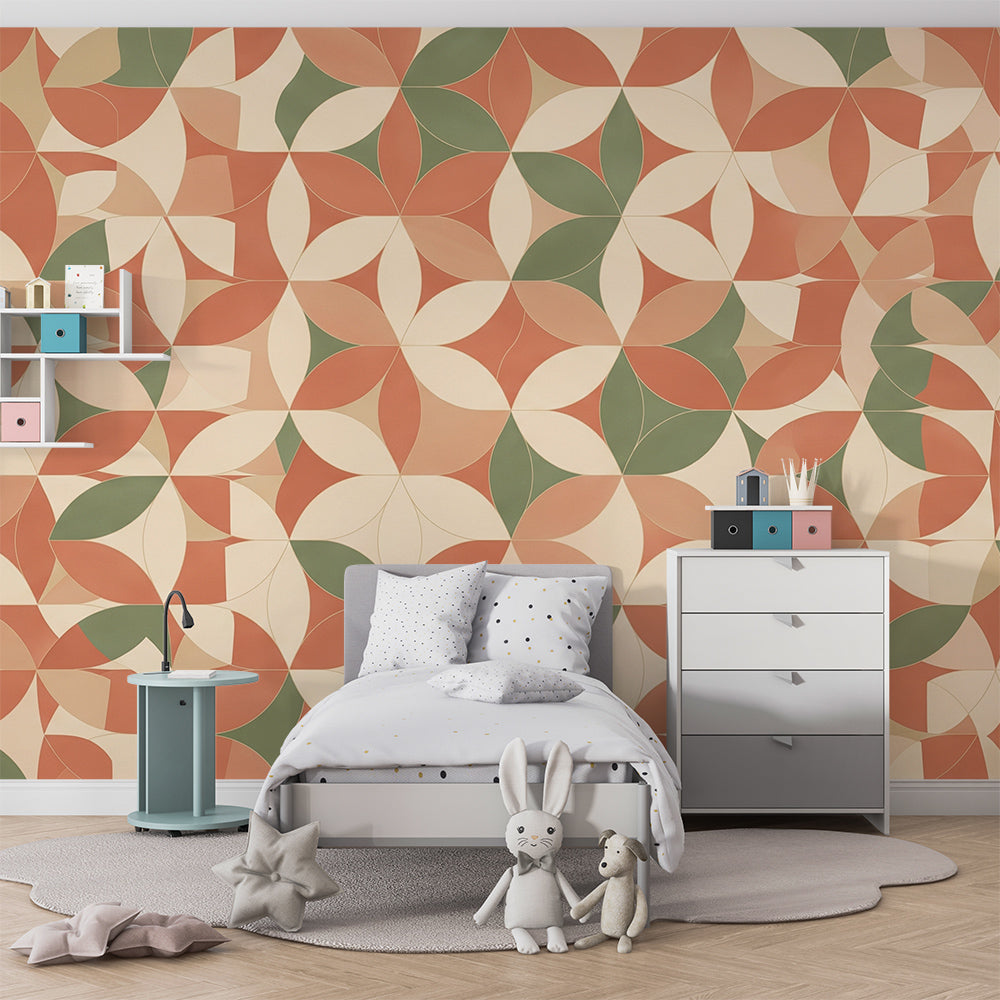 Kids bedroom with a Kids-Mundo terracotta flower tile wall mural above a bed headboard