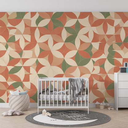 Playroom corner decorated with a Kids-Mundo terracotta flower tile wallpaper mural