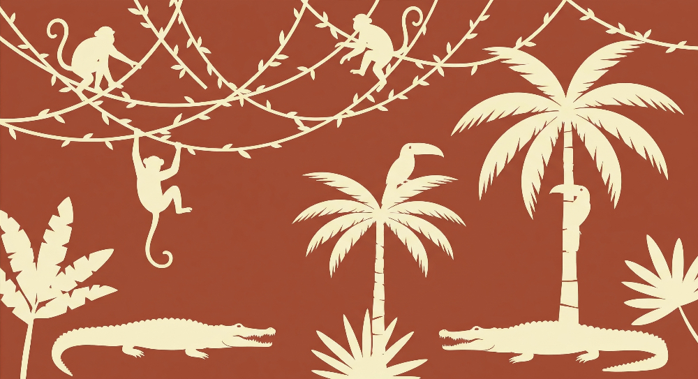 Terracotta Jungle Monkeys and Crocodiles Wall Mural