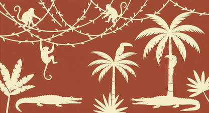 Kids-Mundo flat artwork of cream jungle silhouettes on terracotta for a kids wall mural design