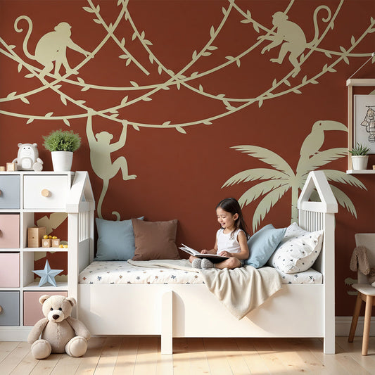 Kids-Mundo terracotta jungle wall mural with silhouette monkeys and crocodiles in a warm nursery