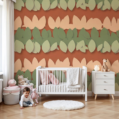 Nursery featuring a terracotta leaf stripe wall mural by Kids-Mundo behind a wooden cot