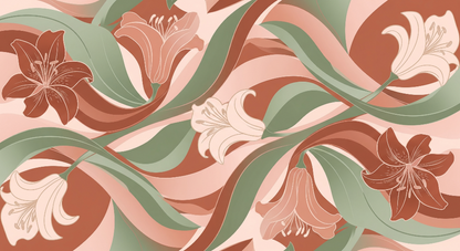 Flat artwork of the Kids-Mundo terracotta lily bloom wall mural with sage leaves