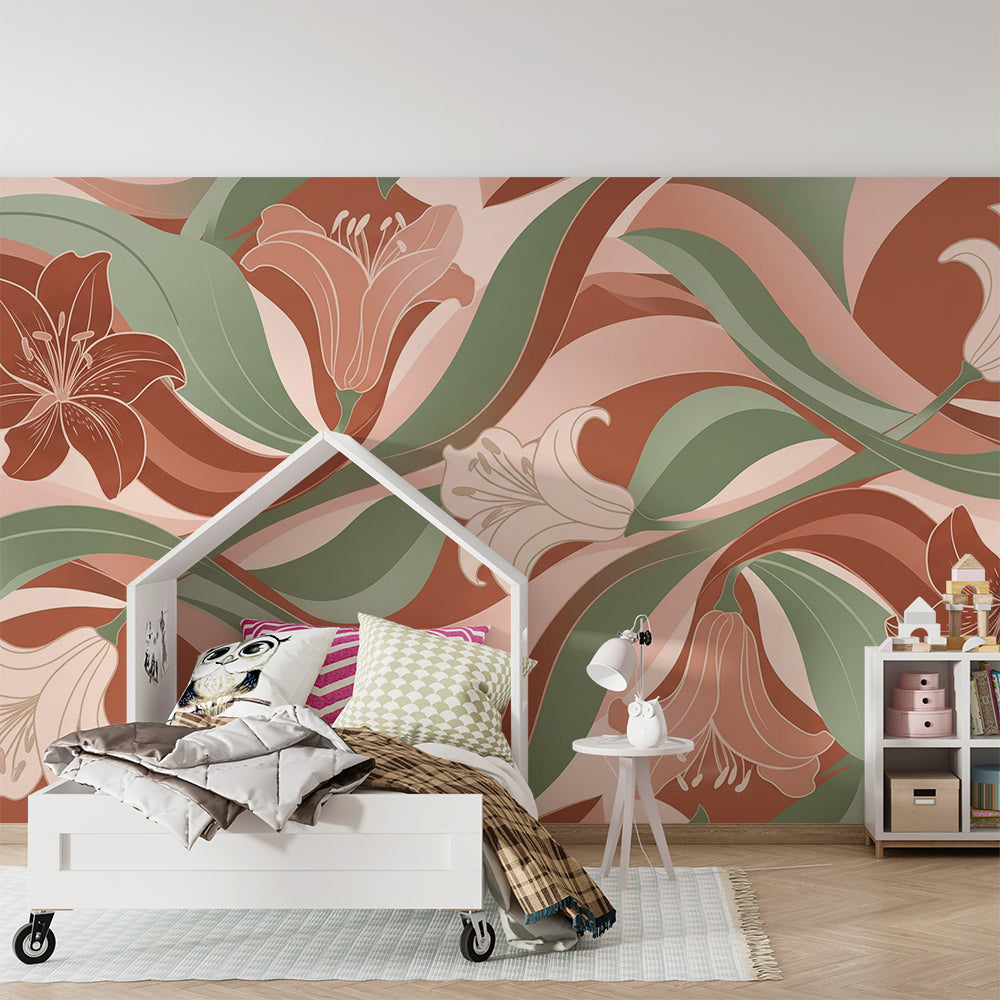 Playroom wall decorated with a Kids-Mundo terracotta and blush lily bloom mural