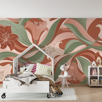 Playroom wall decorated with a Kids-Mundo terracotta and blush lily bloom mural