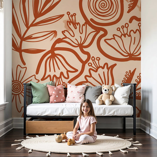 Kids-Mundo terracotta botanical line art wall mural styled in a warm neutral nursery behind a cot