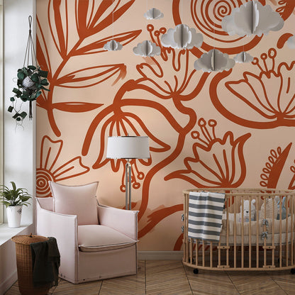 Kids-Mundo terracotta botanical line art wall mural covering a wall in a bright children's playroom