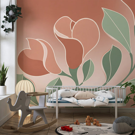 Kids bedroom featuring a Kids-Mundo terracotta magnolia bloom wall mural above a bed