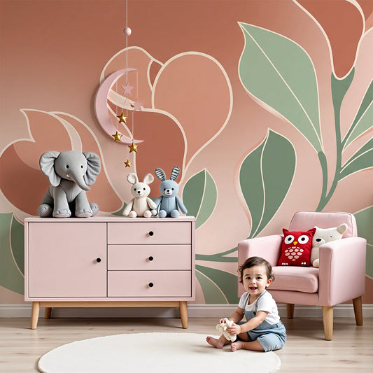 Nursery with a terracotta magnolia bloom wall mural by Kids-Mundo behind a cot