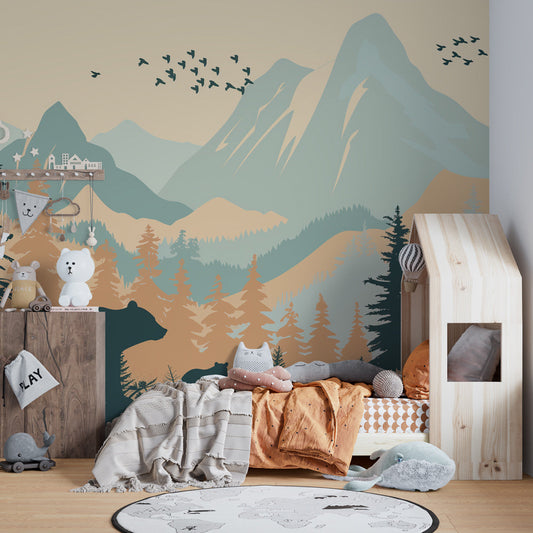 Kids-Mundo bear and cub mountain forest wall mural in a soft terracotta and sage kids' bedroom.