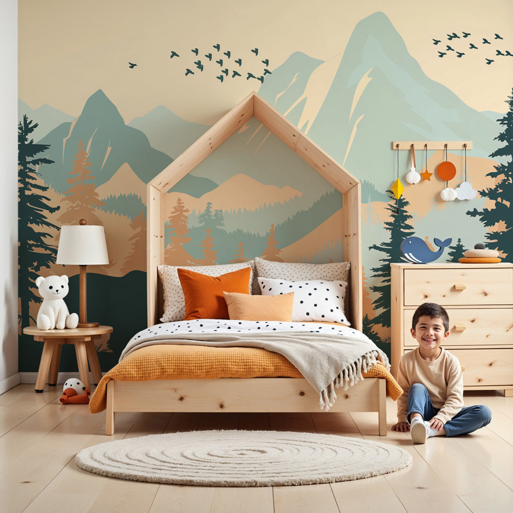 Kids-Mundo mountain forest wall mural with a bear and cub installed in a calm neutral nursery.