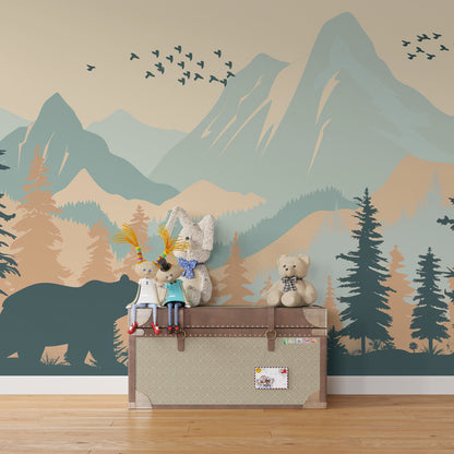 Kids-Mundo mountain forest wall mural with a mother bear and cub brightening a children's playroom.