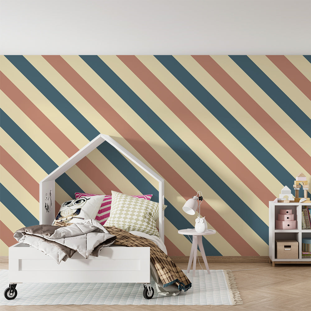 Kids-Mundo terracotta and navy stripe wall mural behind a single bed in a modern kids bedroom.