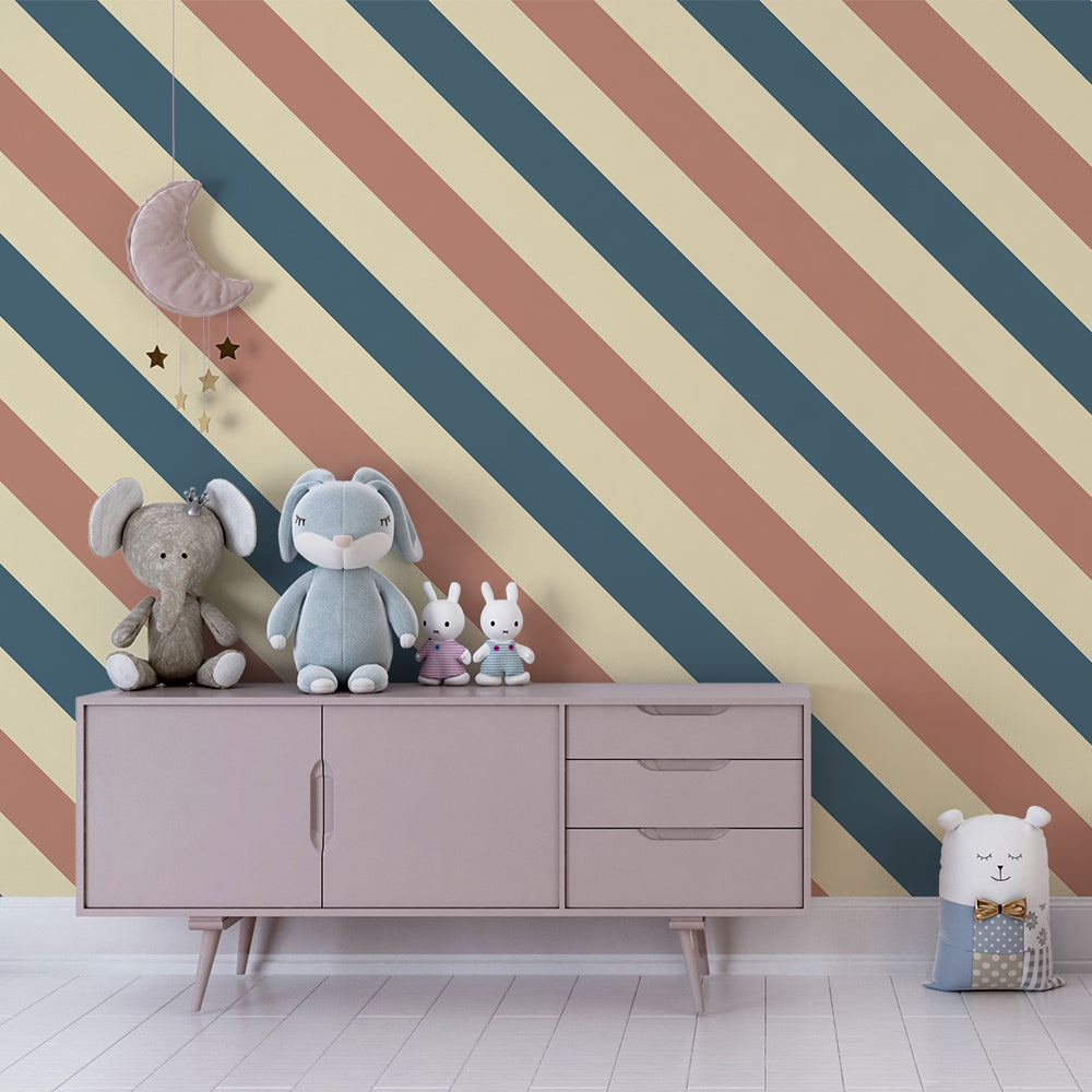 Kids-Mundo diagonal stripe wall mural in terracotta and navy adding colour to a children's playroom.