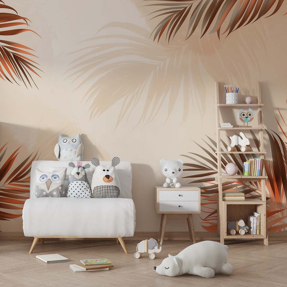 Kids-Mundo terracotta palm leaf mural bringing bold tropical colour to a playroom wall.