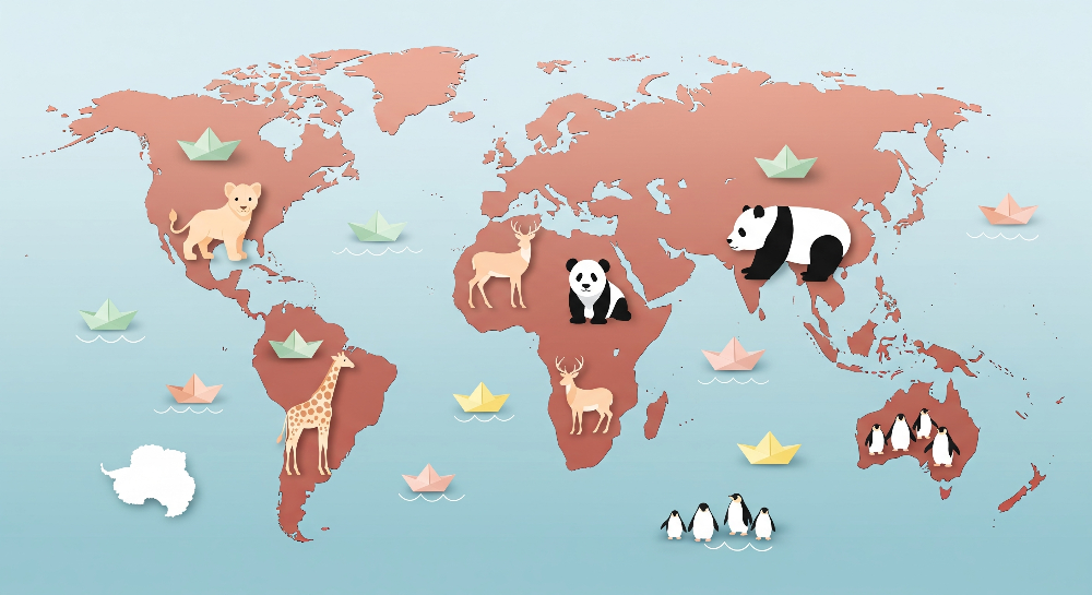 Terracotta World Map with Lion, Giraffe and Paper Boats Wall Mural