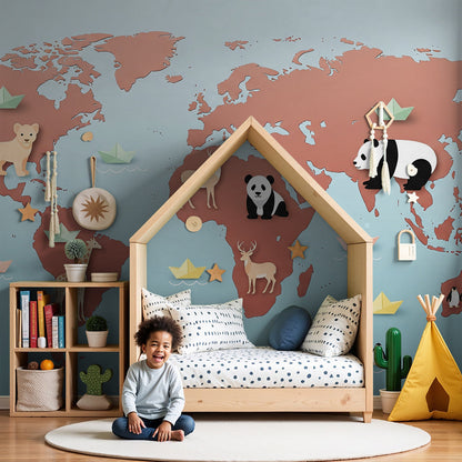 Terracotta world map wall mural with lion and giraffe painted in a Kids-Mundo nursery