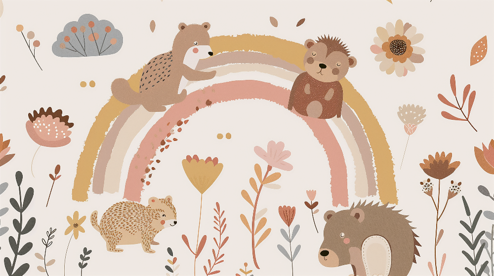 Terracotta Rainbow and Bear Cubs Wall Mural