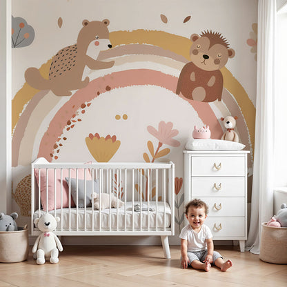 Kids-Mundo terracotta rainbow and bear cub wall mural in a warm neutral nursery