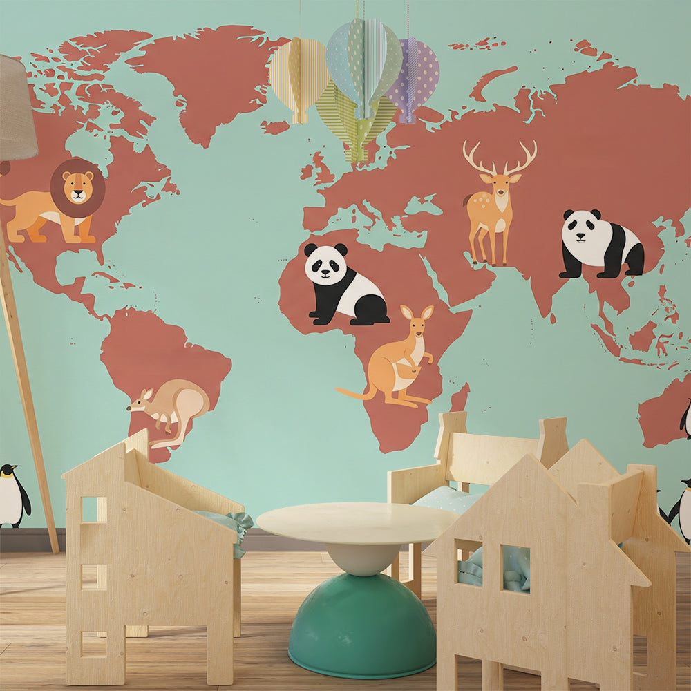 Kids-Mundo terracotta world map mural with lion and panda in a kids bedroom