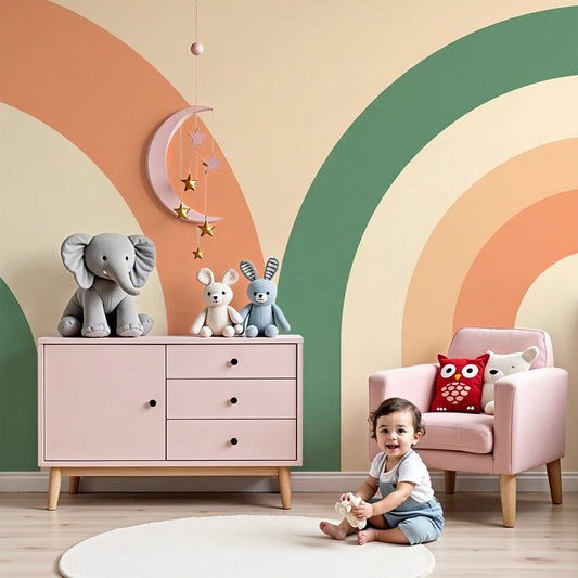Kids-Mundo terracotta and sage rainbow arch wall mural styled behind a cot in a soft neutral nursery