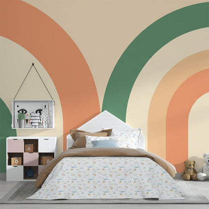 Kids-Mundo pastel rainbow arch wall mural brightening a playroom wall with terracotta and sage tones
