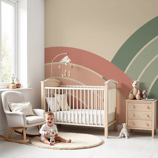 Kids-Mundo terracotta and sage rainbow wall mural styled in a bright pastel nursery
