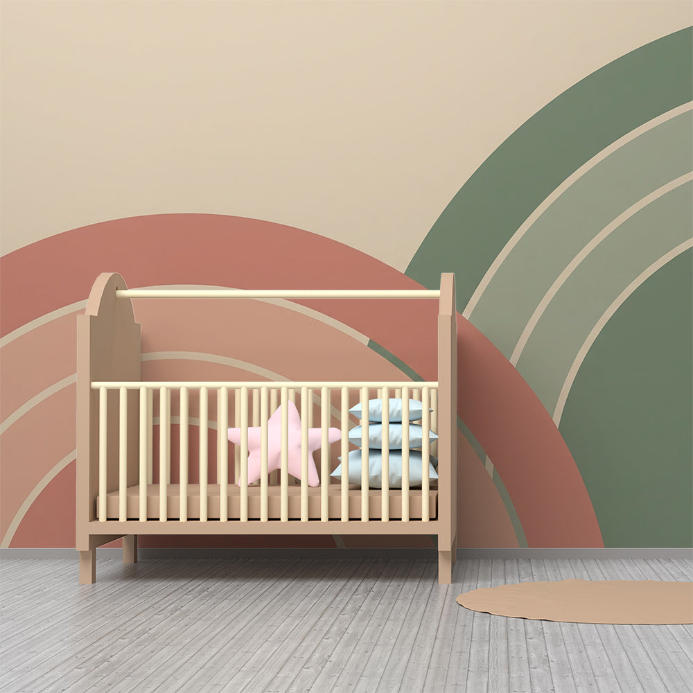 Kids-Mundo terracotta sage rainbow mural brightening a playful children's playroom