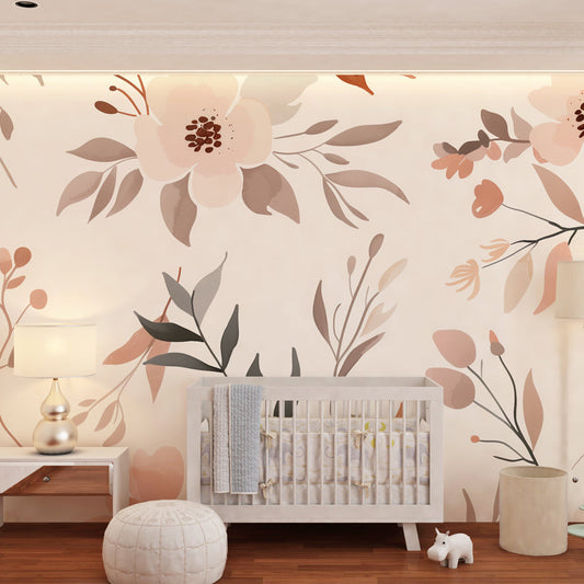 Terracotta floral wall mural by Kids-Mundo installed on a feature wall in a child's bedroom.