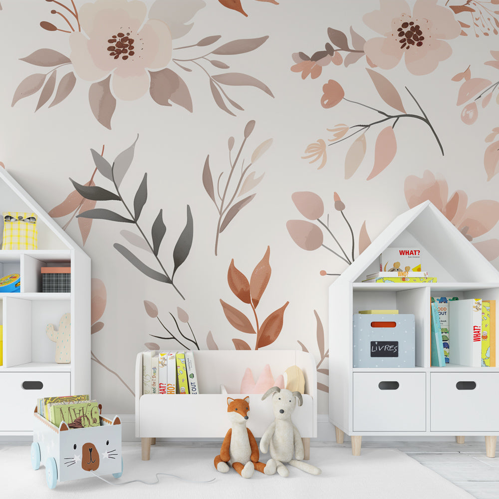 Kids-Mundo terracotta floral wall mural brightening a playroom wall with warm botanical tones.