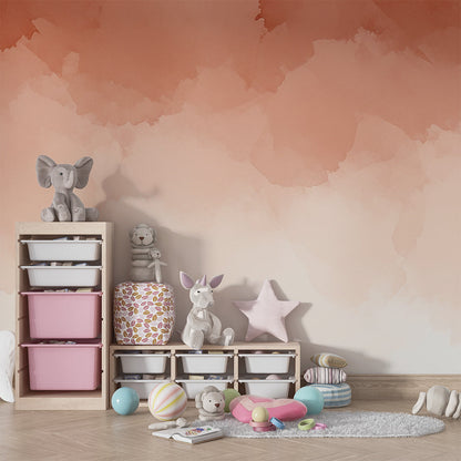 Terracotta watercolour wash wall mural by Kids-Mundo on a feature wall in a cosy kids bedroom