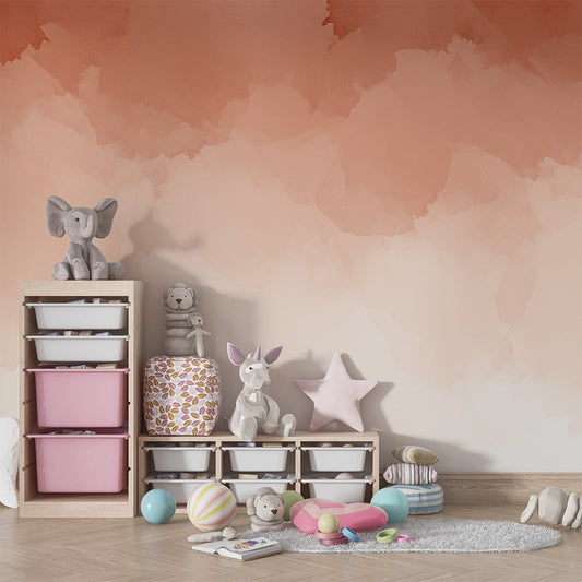 Terracotta watercolour wash wall mural by Kids-Mundo on a feature wall in a cosy kids bedroom