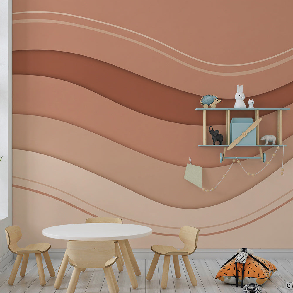 Kids-Mundo abstract terracotta wall mural covering a wall in a gender-neutral kids bedroom