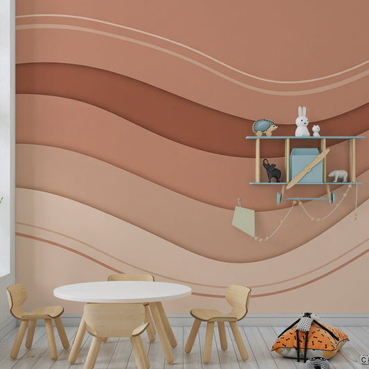 Kids-Mundo abstract terracotta wall mural covering a wall in a gender-neutral kids bedroom