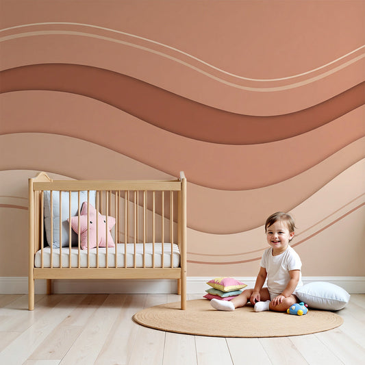 Kids-Mundo terracotta wave wall mural made to measure on a warm, calm nursery feature wall