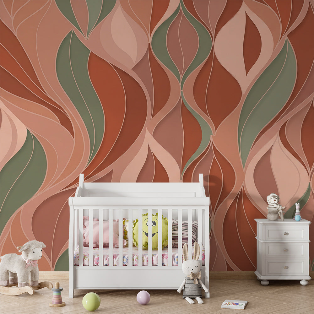 Kids bedroom featuring a Kids-Mundo terracotta wavy ogee wall mural above a headboard